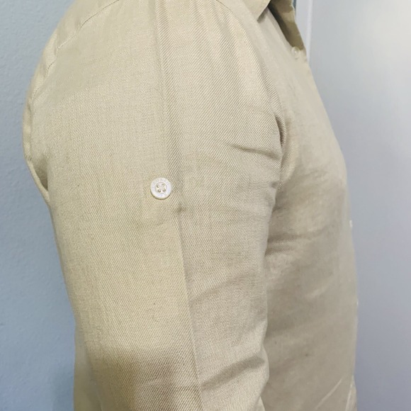 Lauren Ralph Lauren Men 100% Linen Convertible Long Sleeve Light Yellow Shirt L - Picture 8 of 10